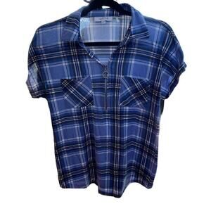 My Style Womens Blue Plaid Shirt Sleeve Blouse 1/2 Zip Front Size Small​​​​​